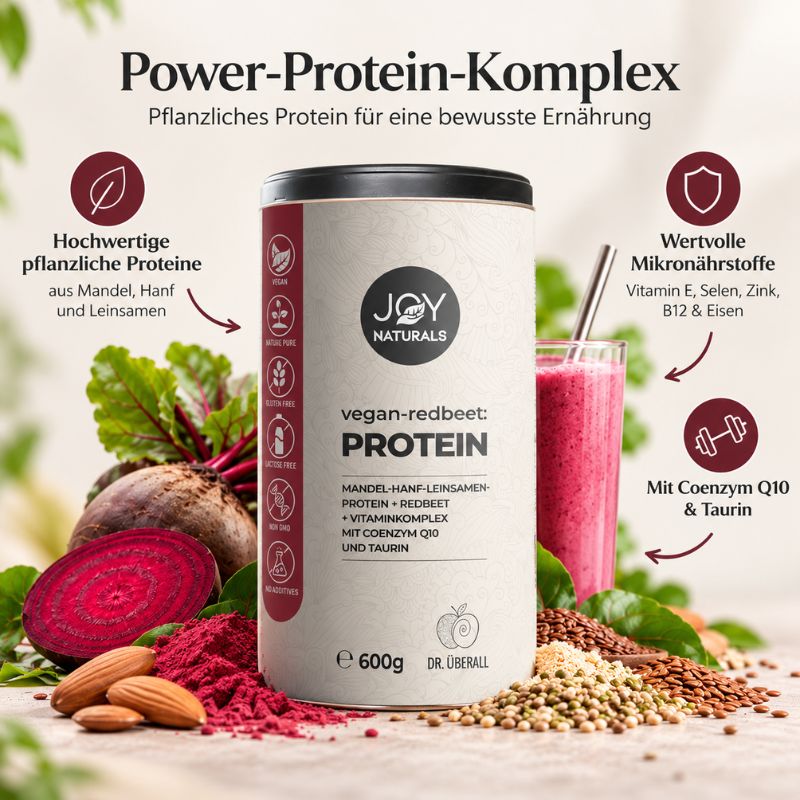 JOY NATURALS Vegan Redbeet Protein mit Mandel-, Hanf- und Leinsamenprotein, Rote Beete, Q10 und Taurin