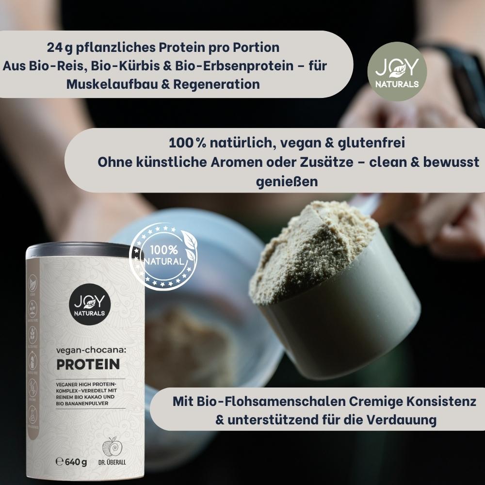 24 g pflanzliches Protein pro Portion
Aus Bio-Reis, Bio-Kürbis & Bio-Erbsenprotein – für Muskelaufbau & Regeneration