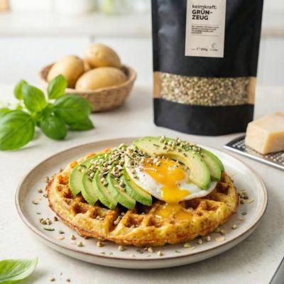 Knusprige Kartoffelwaffel mit Avocado und KEIMKRAFT GRÜNZEUG