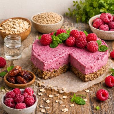 Erfrischender Rohkost Himbeer-Kuchen