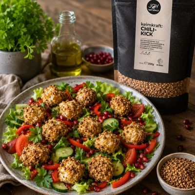 Knusprige Käsebällchen auf buntem Sommersalat