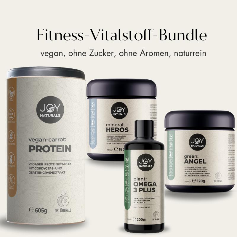 Fitness-Vitalstoffe-Set (enthält: omega:3 PLUS, green:ANGEL, mineral:HEROS, vegan-carrot:PROTEIN