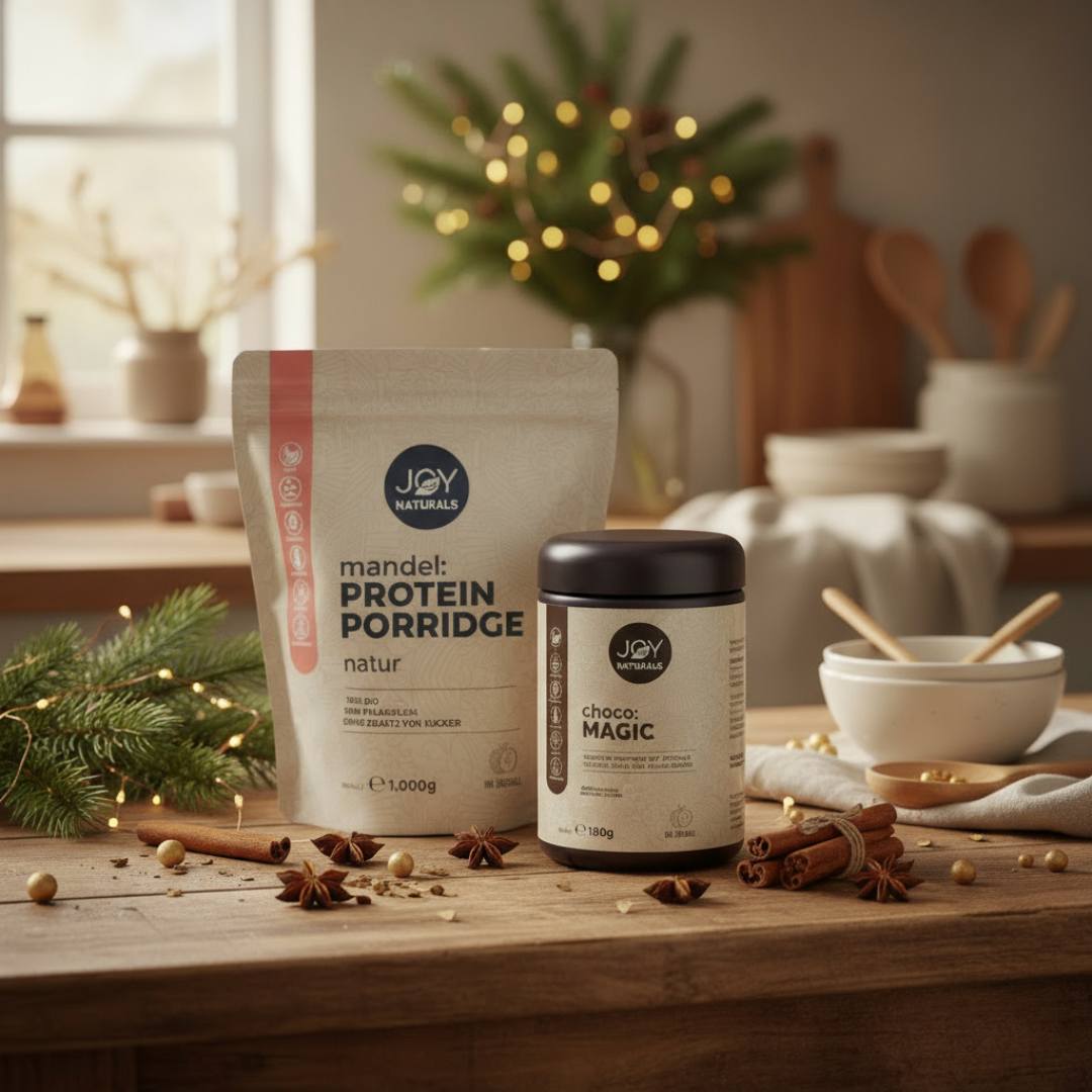 Weihnachtliches Bundle aus Mandel Protein Porridge und choco:MAGIC mit Rezepte E-Book