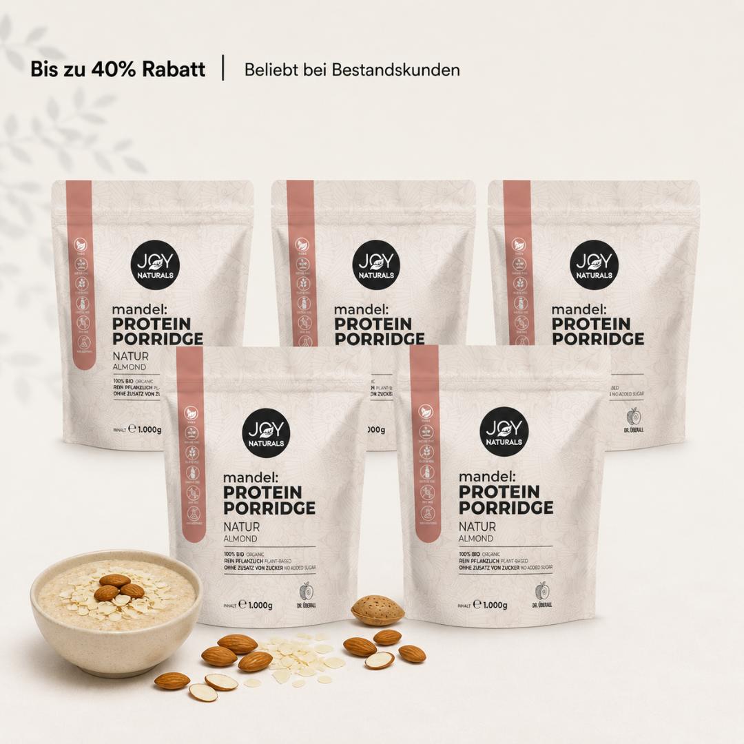 Spare mit dem Mandel Protein Porridge Bundle – für abwechslungsreichen Frühstücksgenuss.