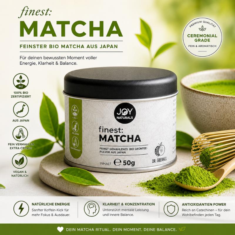 Finest Matcha Bio Grüntee Pulver aus Japan – Ceremonial Grade Matcha von JOY Naturals mit leuchtend grünem Matcha-Pulver