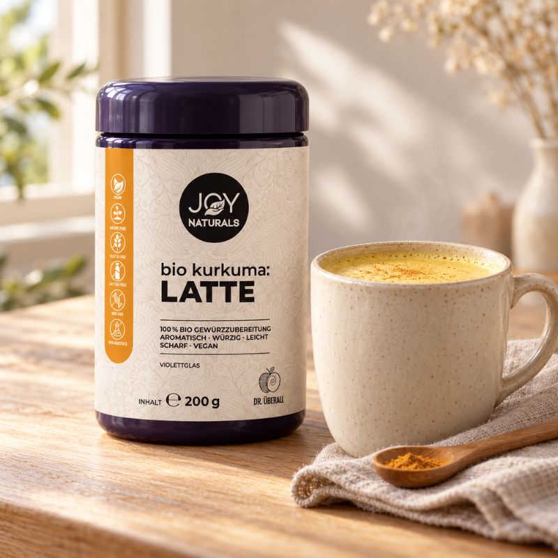 JOY NATURALS Bio Kurkuma Latte neben einer Keramiktasse mit goldener Milch auf einem Holztisch mit Leinentuch.